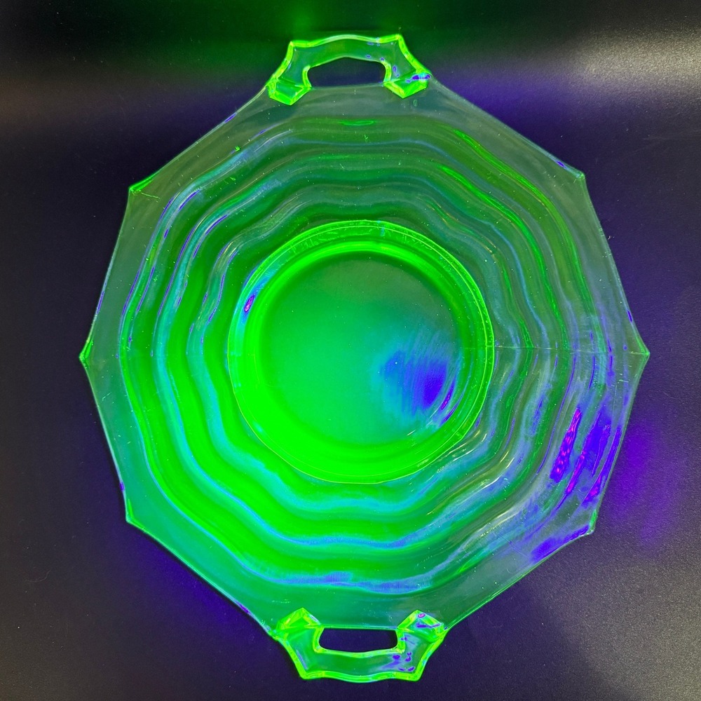 Jenkins Ocean Wave Uranium Glass Handled Cake Plate Platter #190 Depression - Picture 9 of 16